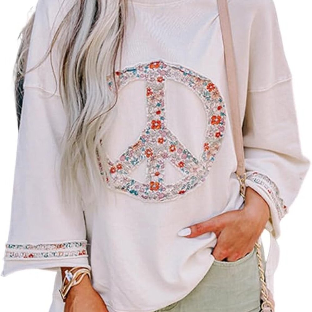 Boho Floral Print Peace Patch Color Block Top - image 3
